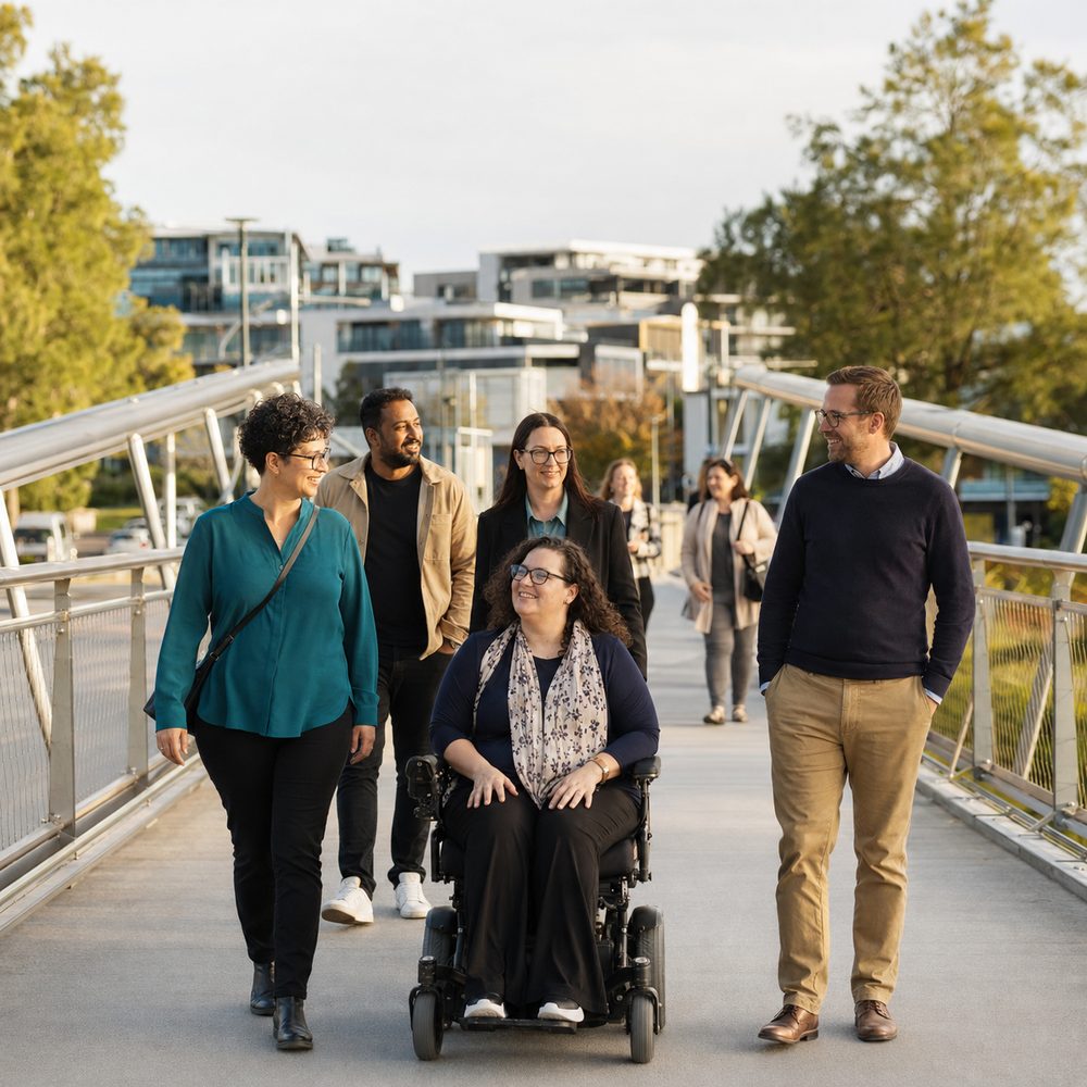 A small group of colleagues, including a woman using a powered wheelchair, walking and talking together on a pedestrian bridge