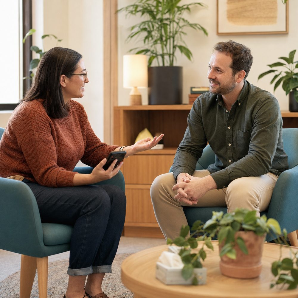 Two people having a warm, relaxed conversation in a lounge room