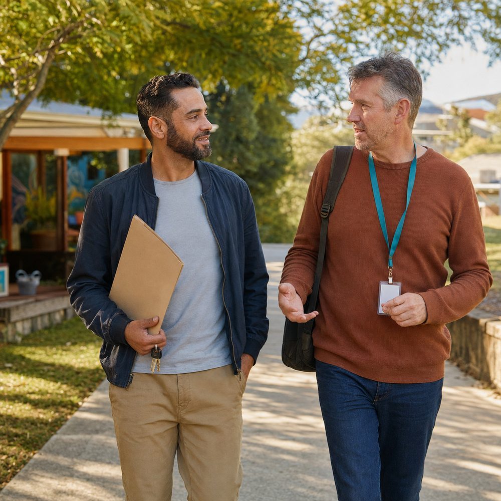 Two men talking and walking together outdoors, one carrying a folder