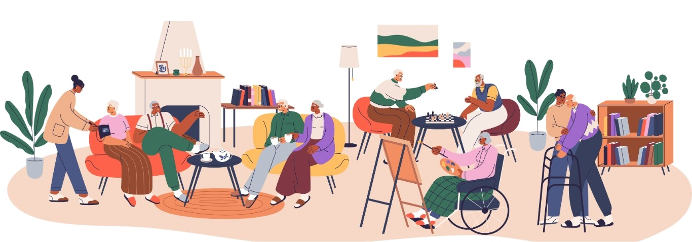 Illustration of support workers and older people spending time together in a community lounge, including a person using a wheelchair and a person using a walking frame