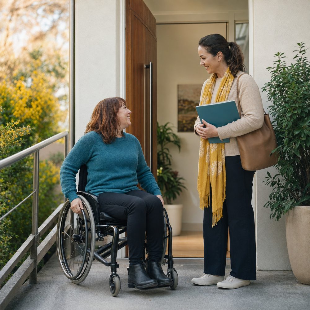 A woman using a manual wheelchair chatting with a support worker at her front door as she arrives home
