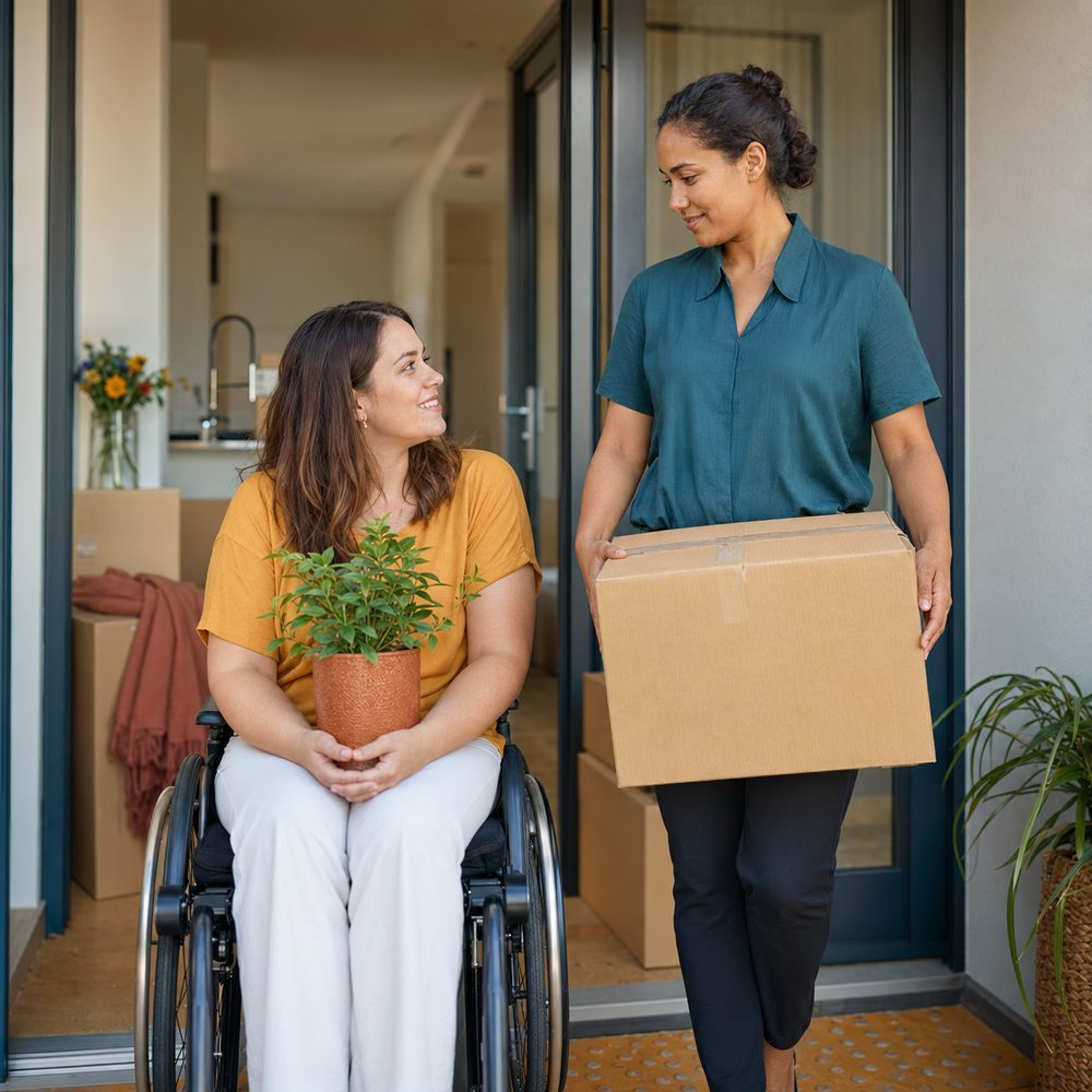 A woman using a wheelchair holding a potted plant while a friend carries a moving box into her new home