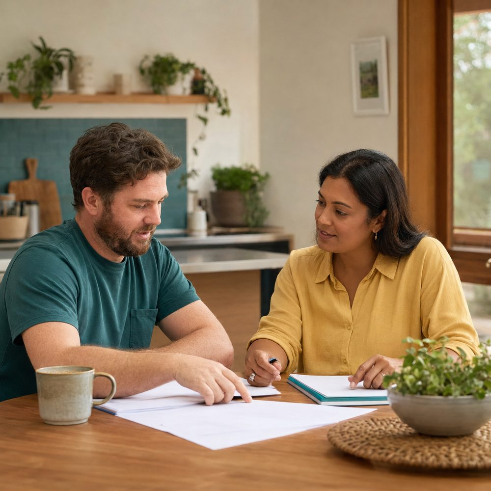 A man and a woman going through paperwork together at a kitchen table