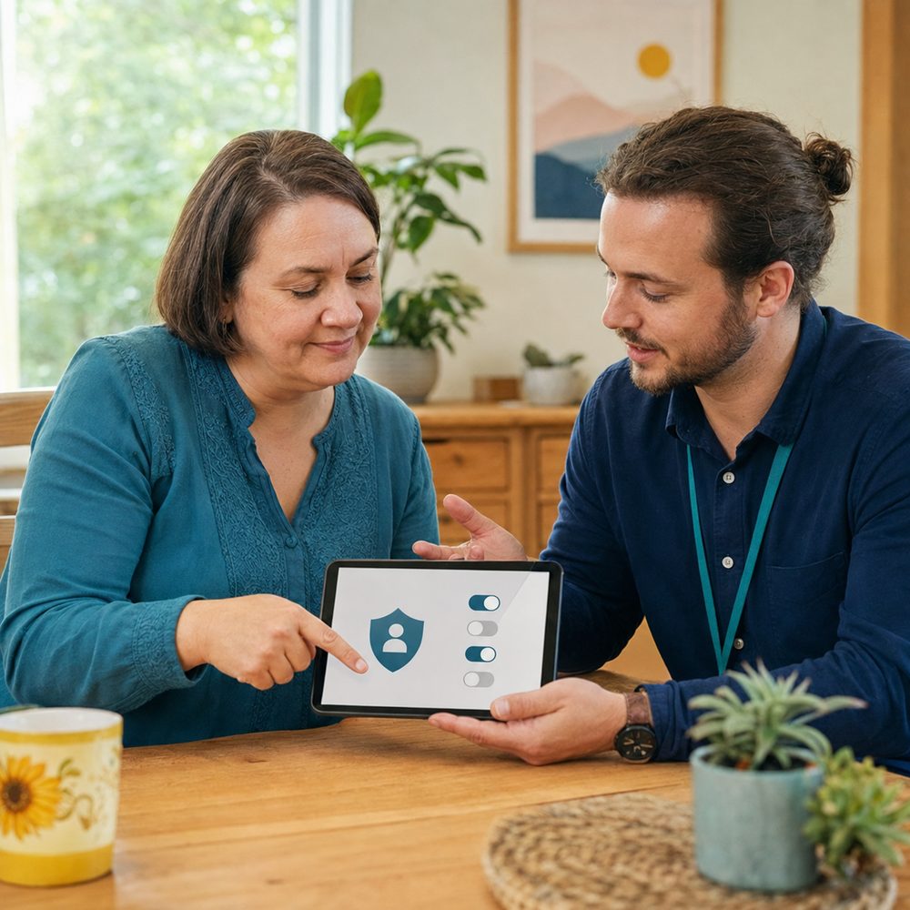 A support worker showing a woman a privacy and information-sharing screen on a tablet at her kitchen table