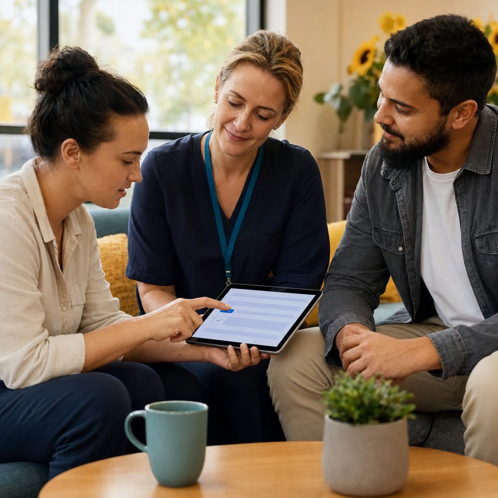 A clinician introducing a referral checklist on a tablet to a woman and a man in a living room