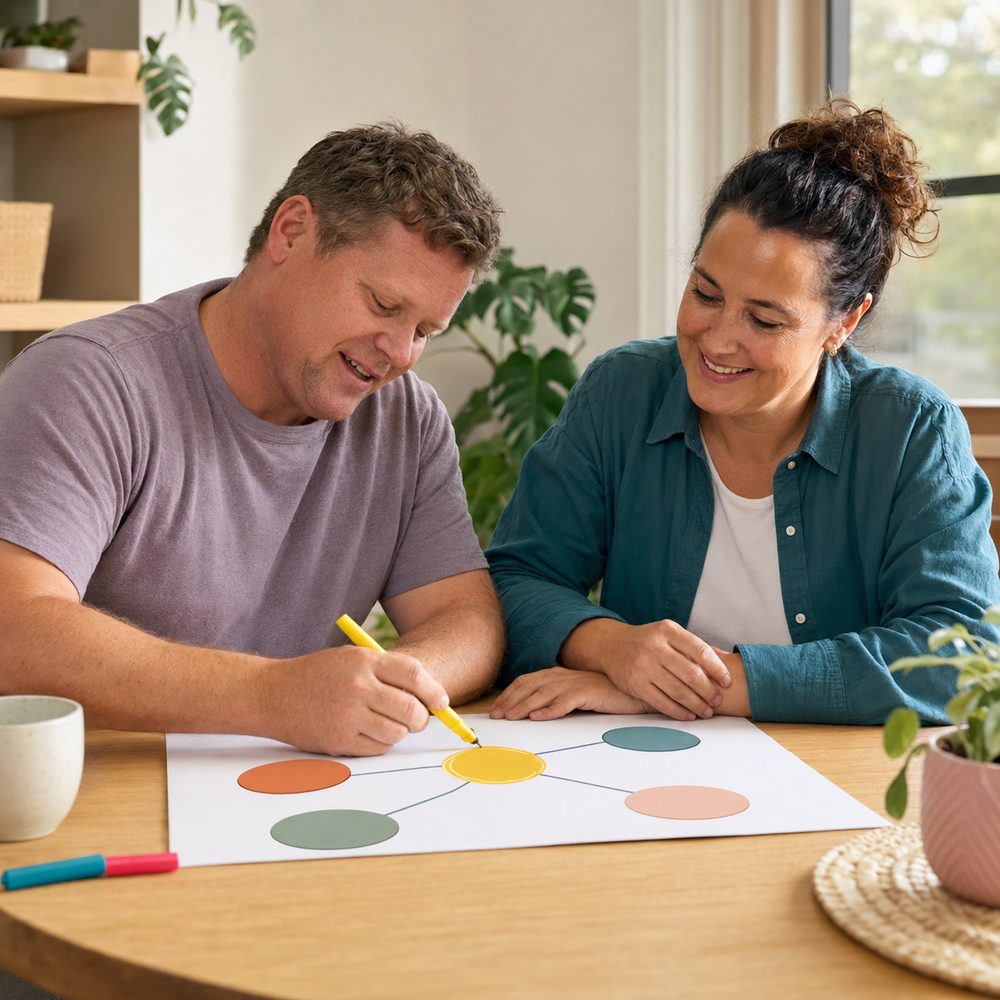 A man and a woman mapping out options together on paper at a kitchen table