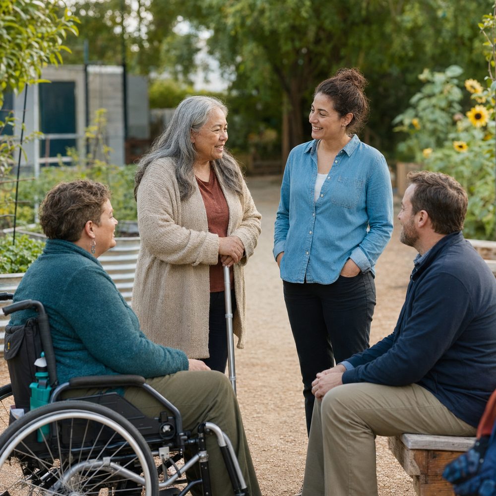 A small group of friends, including a woman using a manual wheelchair and a woman using a walking stick, talking together in a community garden